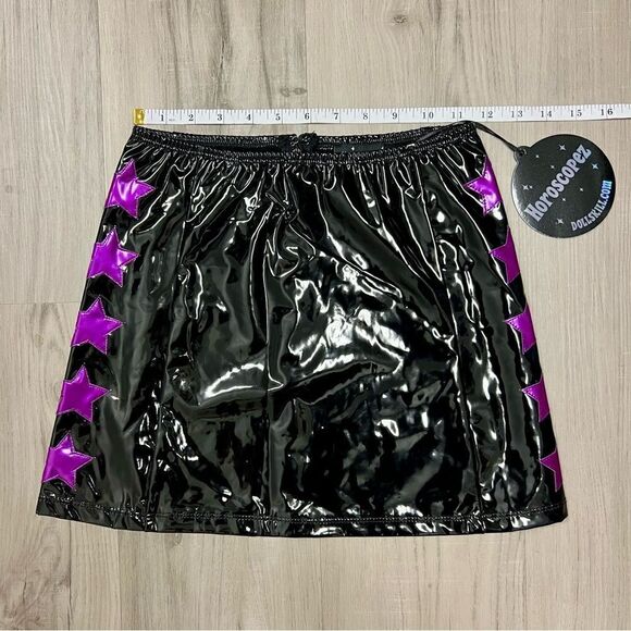 Horoscopez x Dolls Kill black patent miniskirt pink/purple metallic stars szM - Picture 7 of 16